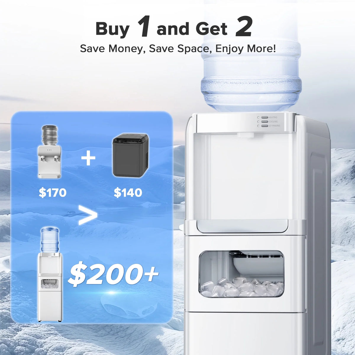 LHRIVER 2 - 5 Gallon Water Dispenser & 6 - Min Ice Maker, 3 - in - 1 Hot/Cold/Ice, Child Lock & Energy - Efficient, for Home/Office, Black