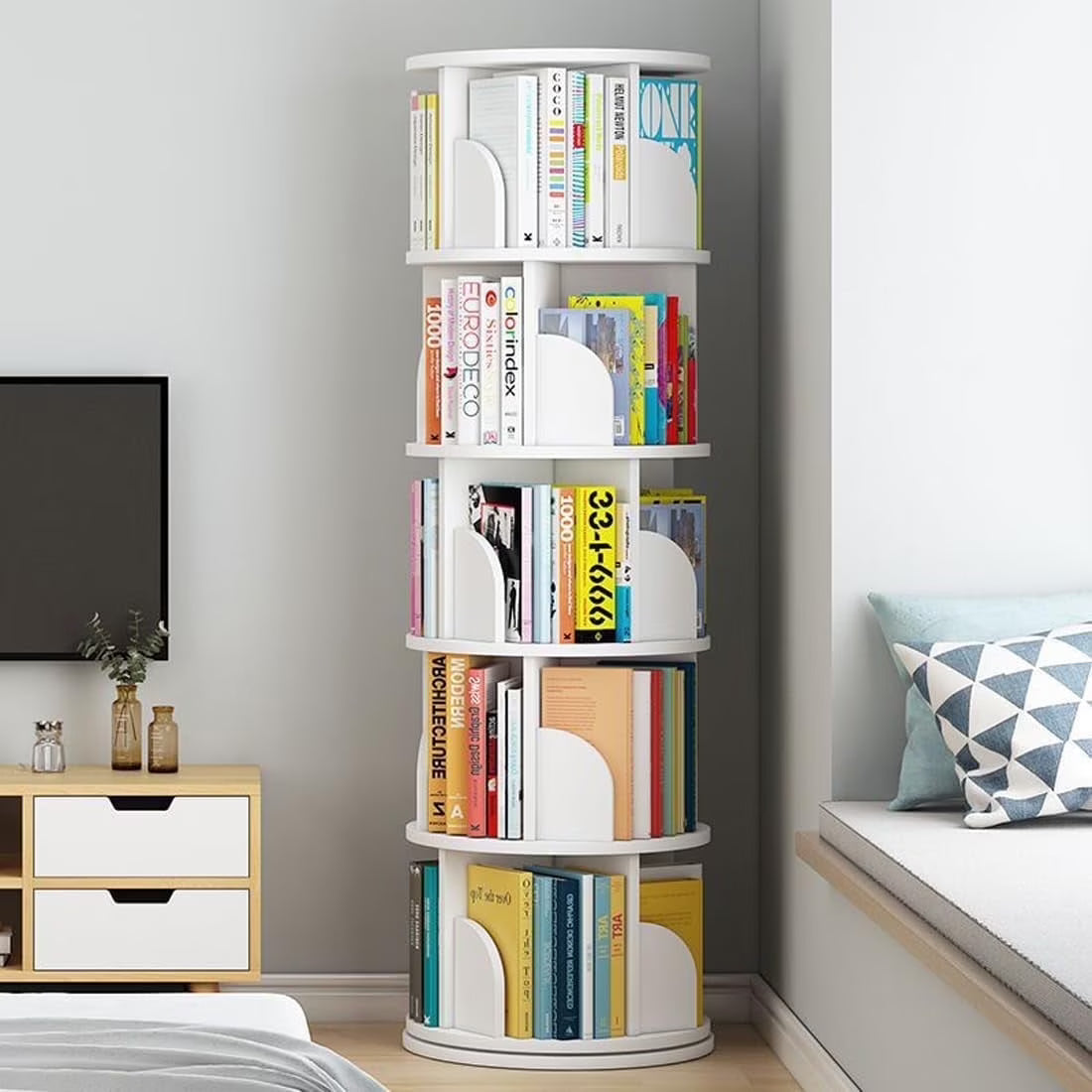 Bimiti 5 Tier Rotating Bookshelf, 360? Revolving Bookcase 20 Shelves Floor - Standing Storage Display Rack - White 63"x18"x18", Adult