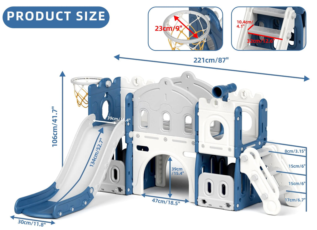 KORIMEFA 8 in 1 Kids Slide Set with Climber, Toddler Climber Slide Play Set with Basketball Hoop, Tunnel, Toddler Playground Outdoor Indoor Layground Slide Playset Age 1+
