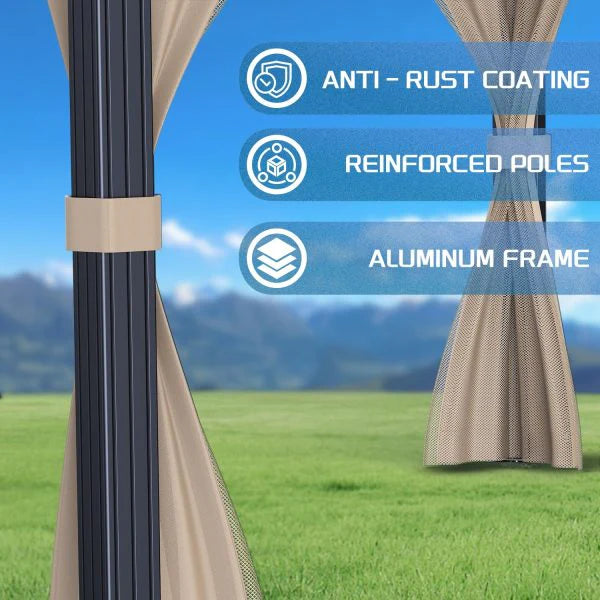 10x10 Hardtop Gazebo with double metal roof. aluminum frame. net. and curtain. All-weather. ideal for patio. deck. garden. backyard. Khaki.