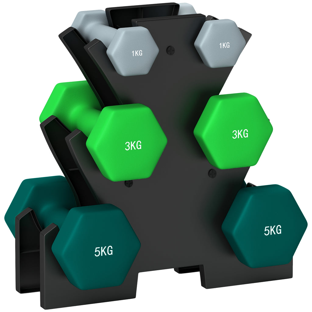 SPORTNOW Hantelset mit Aufbewahrungsgestell, Set mit 6 Hanteln für Fitness-Training, 2 x 1kg, 2 x 3kg, 2 x 5kg