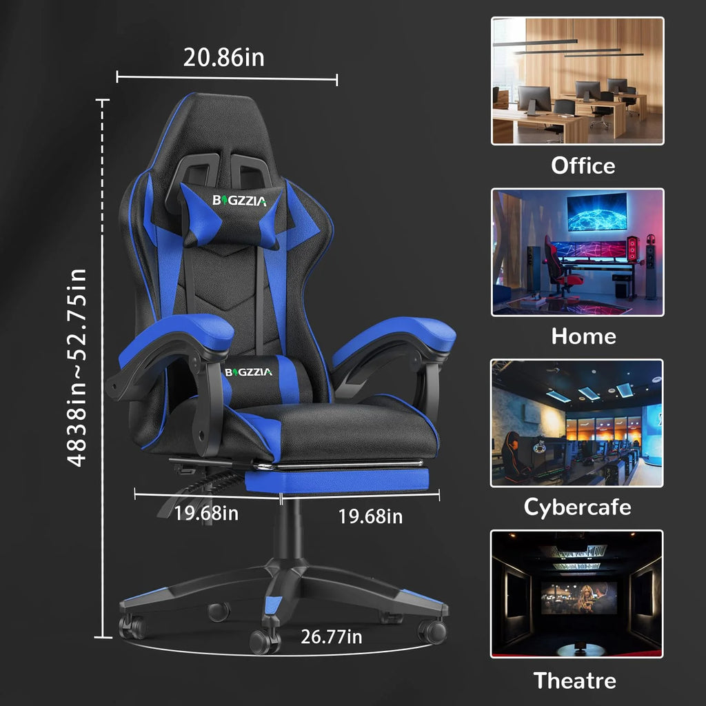 Bigzzia Gaming Chair Office Chair, Ergonomic Game Chair with Height Adjustable Headrest and Lumbar Support for Adults Teens, Black & White