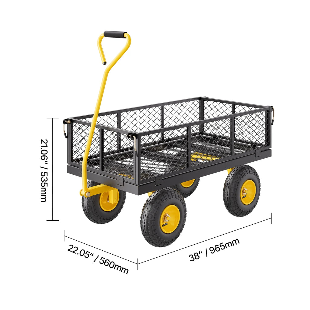 KFFKFF Mesh Steel Garden Cart 900 lb, 38 x 22 " Heavy Duty Utility Wagon Cart, Metal Garden Trolley with 10" Wheels, Removable Mesh Sides, 180swiveling Handle (Green)