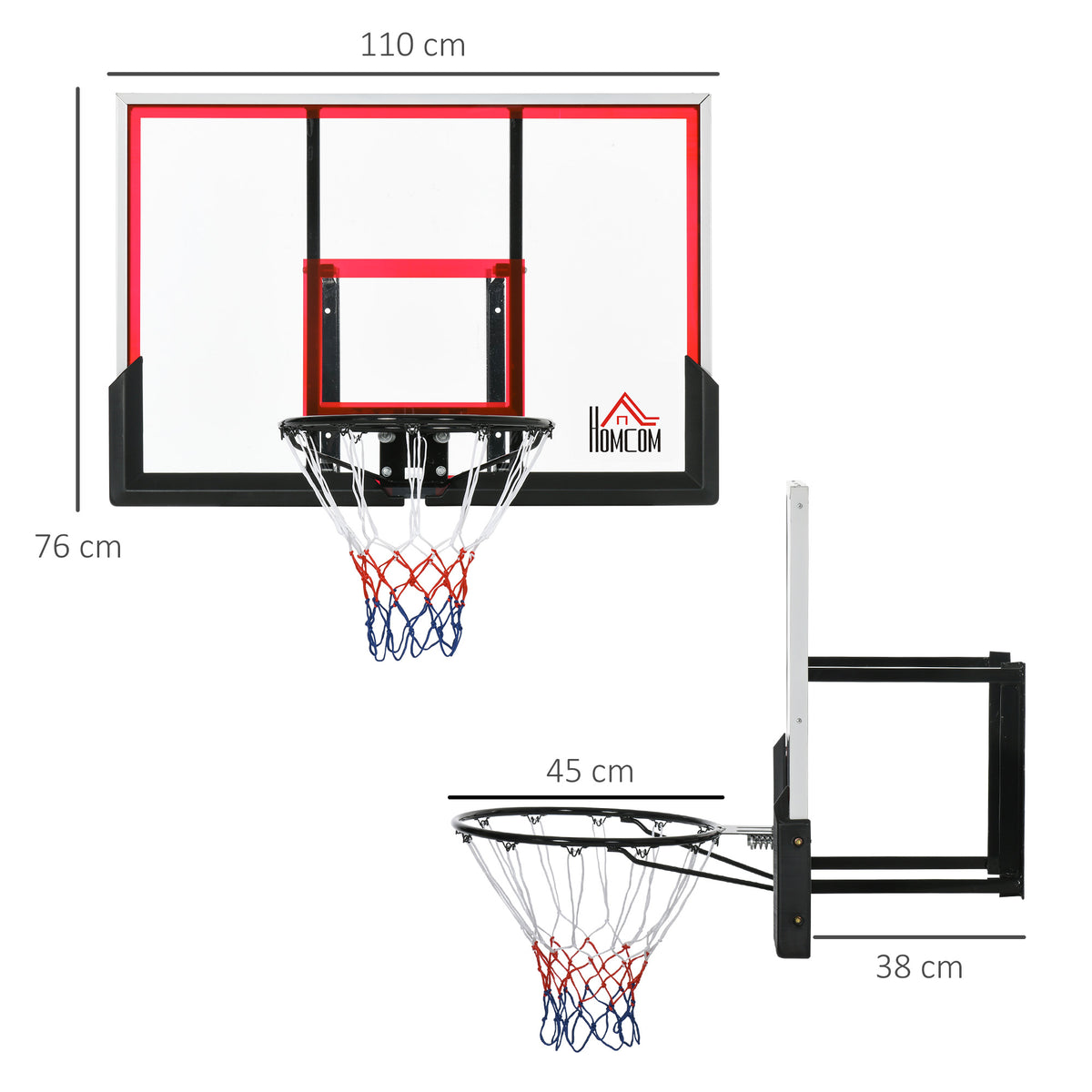 HOMCOM Wandmontierter Basketballkorb mit speziellem Korb - 102 x 76 x 110 cm - Innen- und Außenbereich