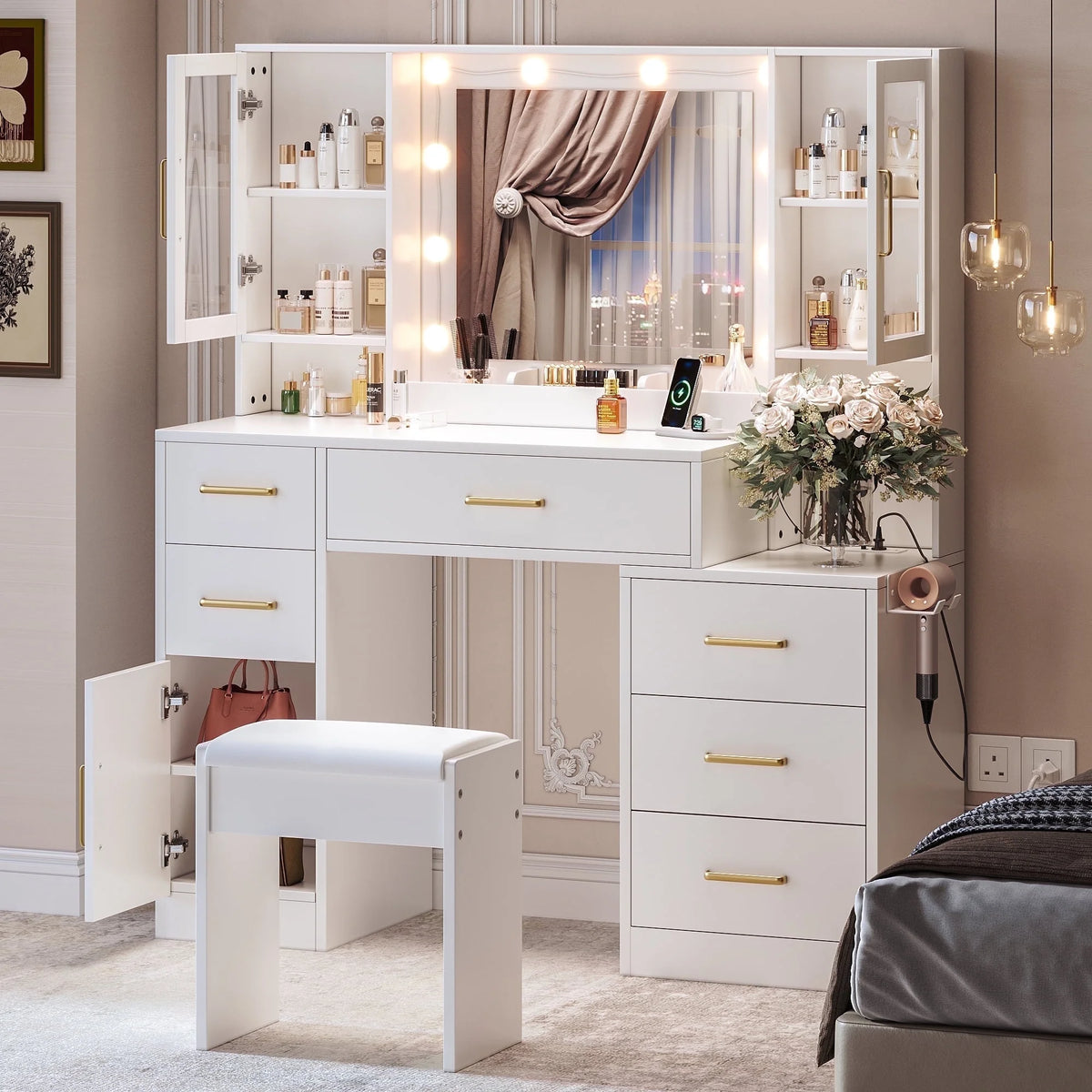 UGTOO 58.3" White Vanity Desk with Mirror, Adjustable Lighting, Power Outlet, Drawers, with Stool