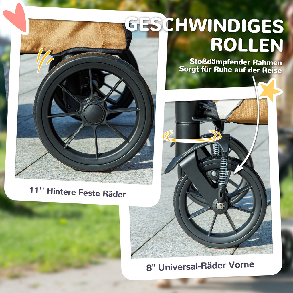 PawHut Hundewagen, Faltbarer Hundebuggy für große Hunde, Haustierwagen mit 4 Rädern, Sicherheitsleinen, Bremsen, Braun