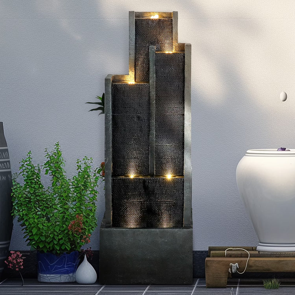 4 - Tier Water Fountain with LED Lights - 50.7" H Waterfall Fountain Indoor Outdoor Water Feature for Home, Patio, Garden