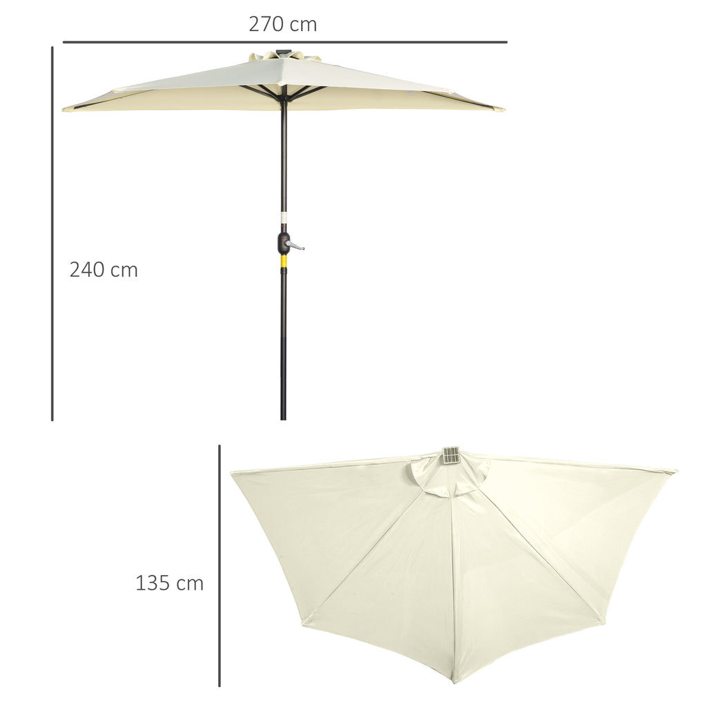 Outsunny Sonnenschirm, Terrassenschirm, halbrund, mit Solarpaneel, 20 LEDs, Handkurbel, beige, 2,70 x 1,35 x 2,40 m