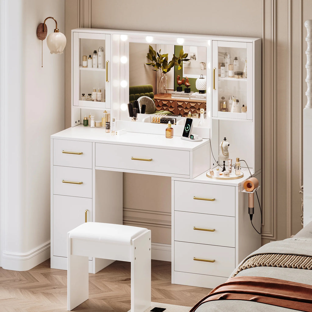 UGTOO 58.3" White Vanity Desk with Mirror, Adjustable Lighting, Power Outlet, Drawers, with Stool