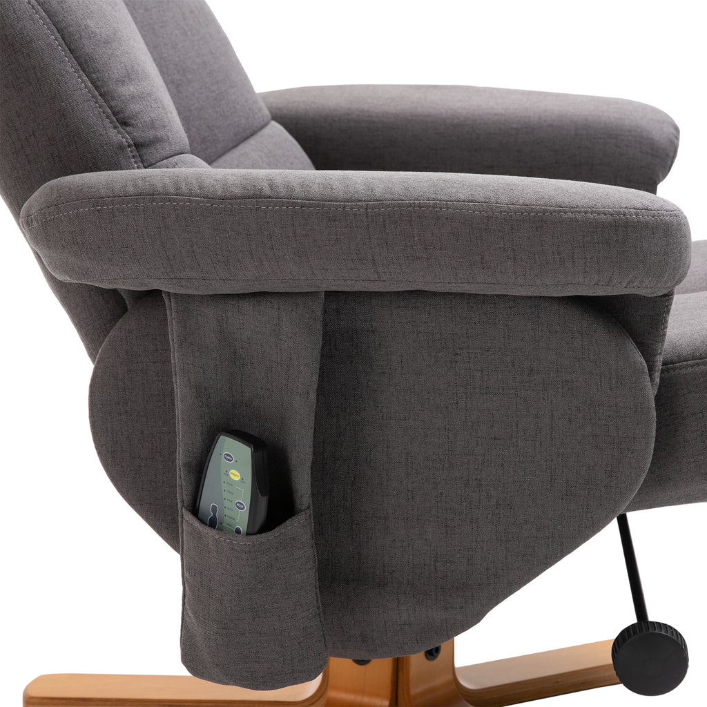 HOMCOM Relaxsessel mit Fußhocker, Stauraum, Elektrischer Massagesessel mit Liegefunktion, Drehbarer Fernsehsessel mit Seitentasche, Fernbedienung, Holzrahmen, Polyester, Dunkelgrau