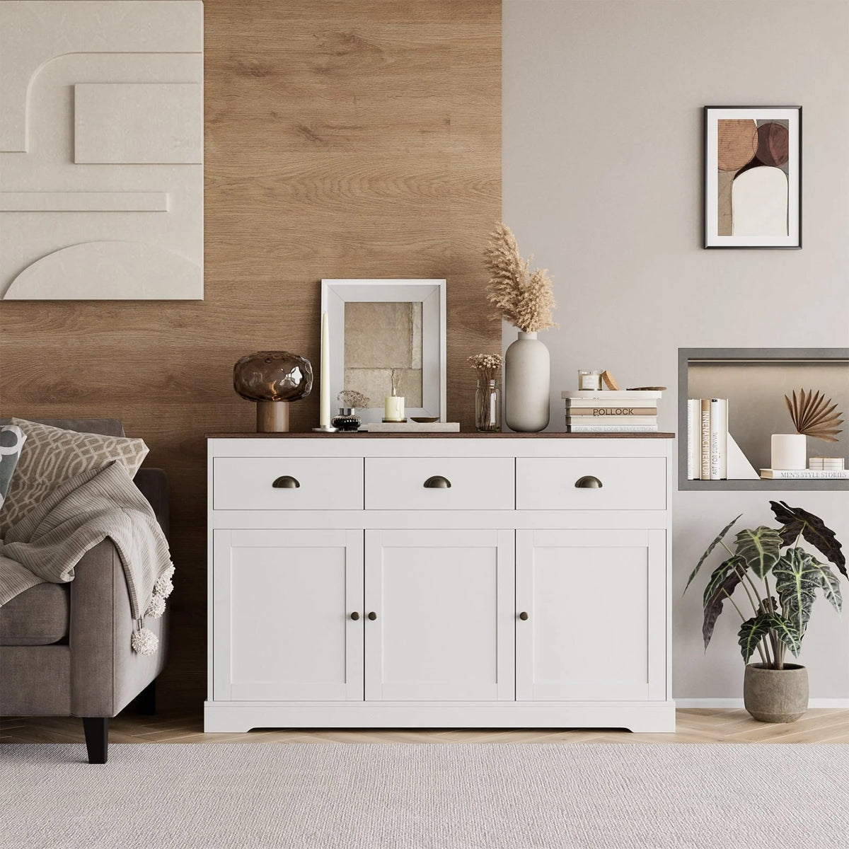 Homfa Sideboard Storage Cabinet with 3 Drawers & 3 Doors, 53.54'' Wide Buffet Cabinet for Dining Room, White