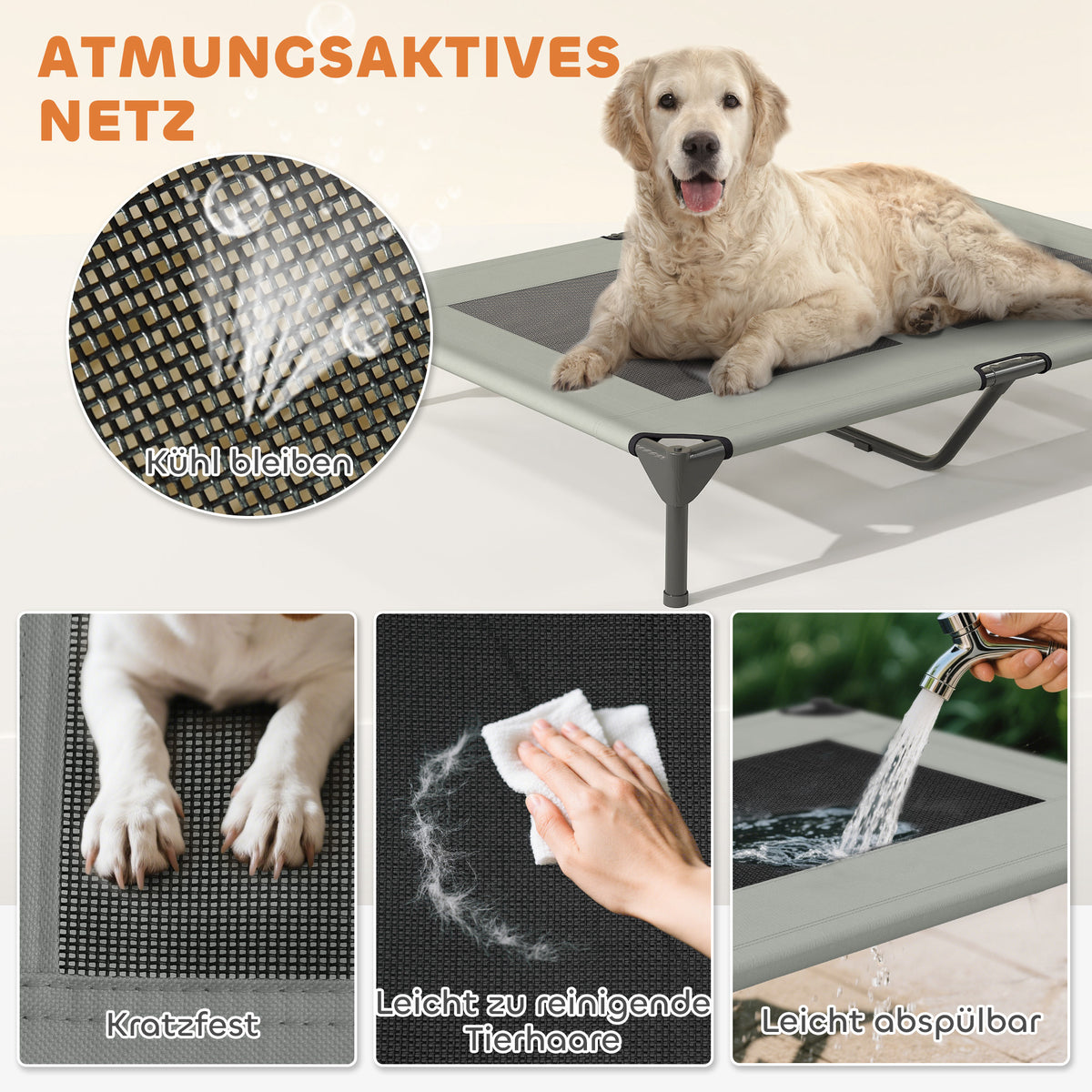 PawHut Hundeliege Outdoor mit Dach, Erhöhtes Hundebett für Große Hunde, 106 x 76 x 99 cm, Hellgrau