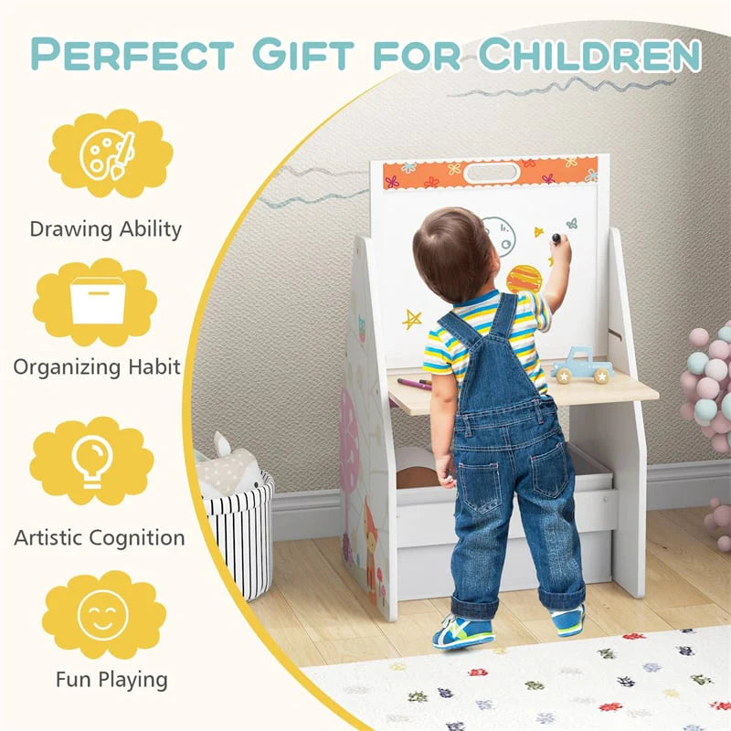 3-in-1 Kids Art Easel with Chair, Wooden Toddler Easel Table & Chair Set w/ Double-Sided Magnetic Whiteboard & Chalkboard, Bookshelf, Storage