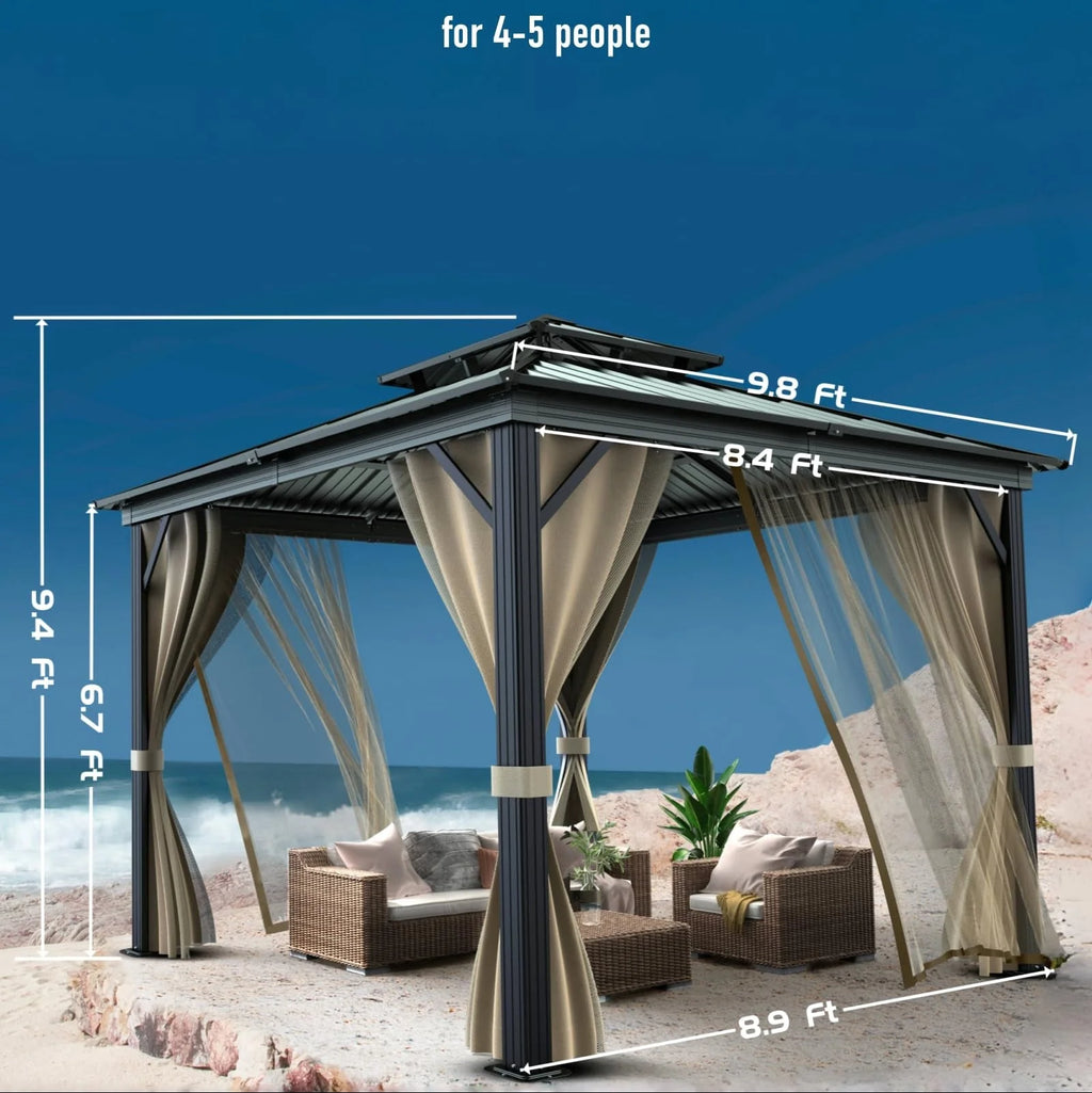 10x10 Hardtop Gazebo with double metal roof. aluminum frame. net. and curtain. All-weather. ideal for patio. deck. garden. backyard. Khaki.