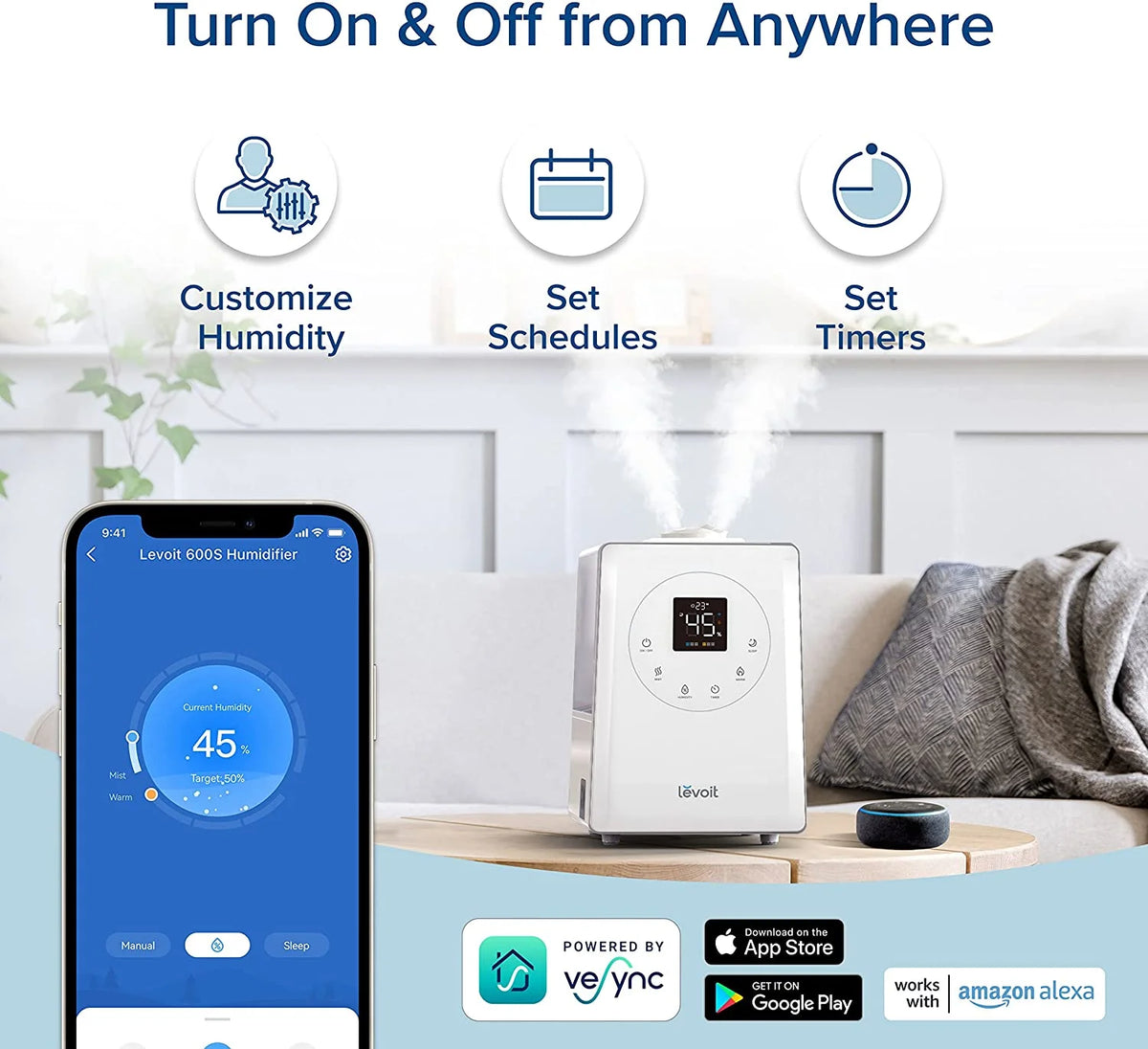 Levoit Smart Warm and Cool Mist Humidifier for Room, 6 L Top Fill Air Vaporizer for Large Rooms, Lv600s, White