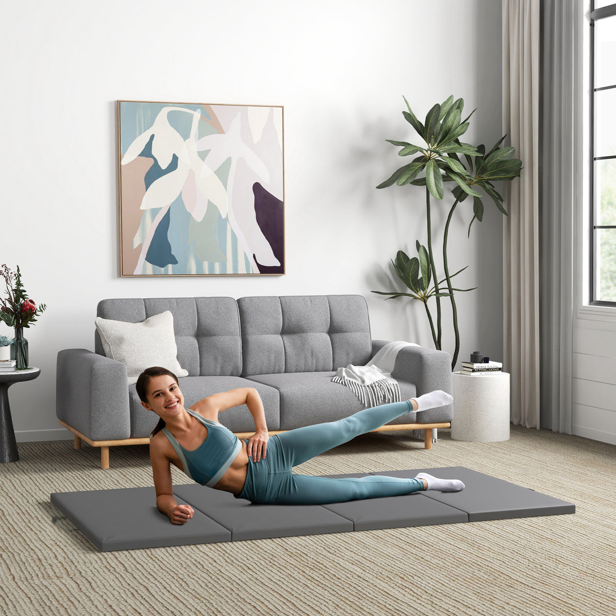 HOMCOM Gymnastikmatte Yoga Pilates Fitness faltbar in 4 mit Griffen synthetischer Bezug 240 x 120 x 5 cm Grau