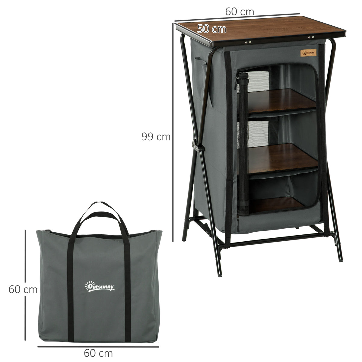 Outsunny Camping-Tisch mit 3 Regalfächern, Reißverschlusstür, Aluminium, faltbar, Grau