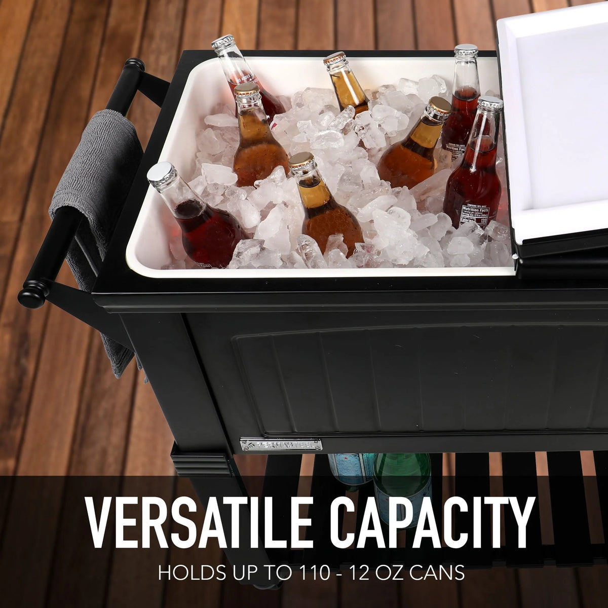 Permasteel 80 - Qt Antique Outdoor Steel Patio Cooler on Wheels, Rolling Cooler Cart, Wooden Teak Style, Black