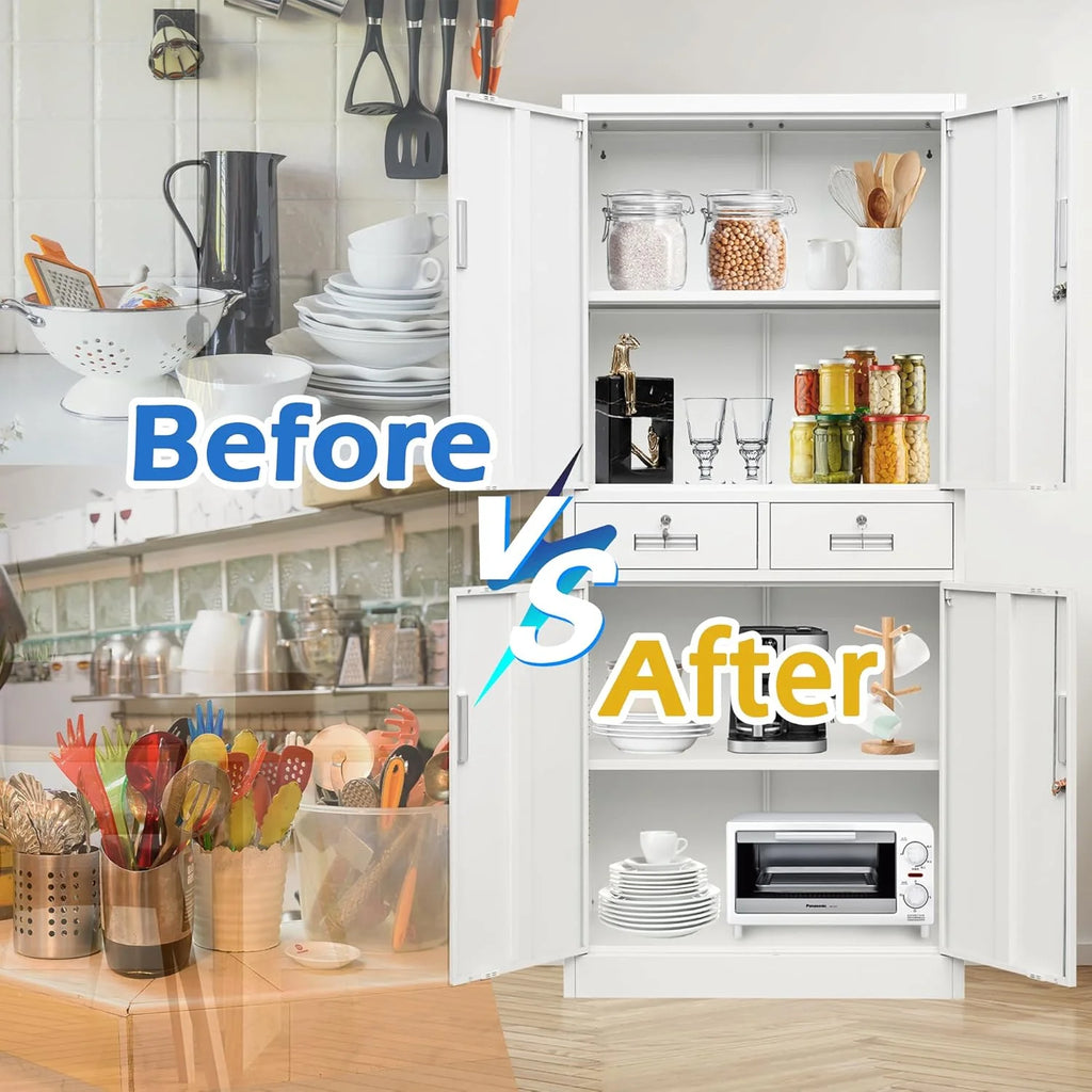 CMY Metal Storage Cabinet, 71" H x 32" W x 16" D Locking Cabinet with Adjustable Shelves and 2 Drawers, Steel Storage Cabinet for Office, Garage, Home, School, Utility Room - White