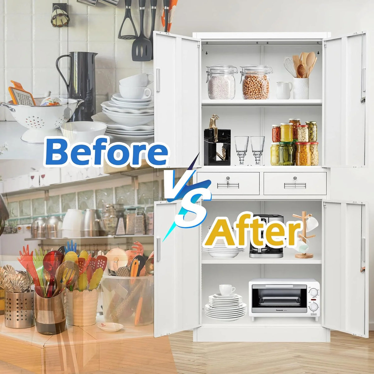 CMY Metal Storage Cabinet, 71" H x 32" W x 16" D Locking Cabinet with Adjustable Shelves and 2 Drawers, Steel Storage Cabinet for Office, Garage, Home, School, Utility Room - White