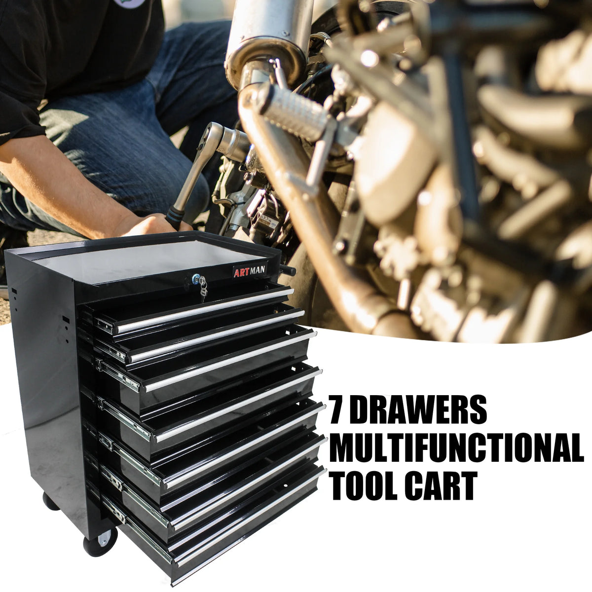 Aukfa Tool Chest, 24.5 in 7 - Drawer Steel Rolling Tool Box on Wheels for Workshop Garage, Red