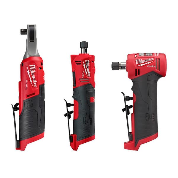 M12 FUEL 12V Lithium-Ion High Speed 3/8 in. Ratchet w/ (1) 1/4 in. Right Angle and (1) 1/4 in. Straight Die Grinder-Instock