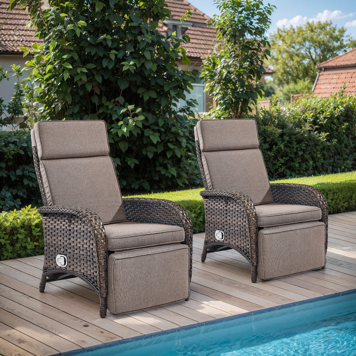 OPOHORO Outdoor Recliner Chair, Adjustable Reclining Patio Chair with Cushion, Wicker Outdoor Chaise Lounge with Adjustable Backrest and Footrest, Ideal for Pool Deck, Beige