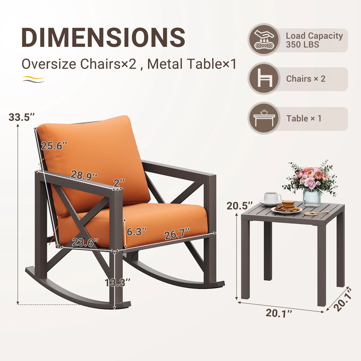 MRUAKA Rocking Chair Bistro Set, 3 Piece Outdoor Patio Furniture Set with 2 Rockers and 1 Metal Coffee Table with Thick Cushions for Porch, Backyard, Poolside, Beige