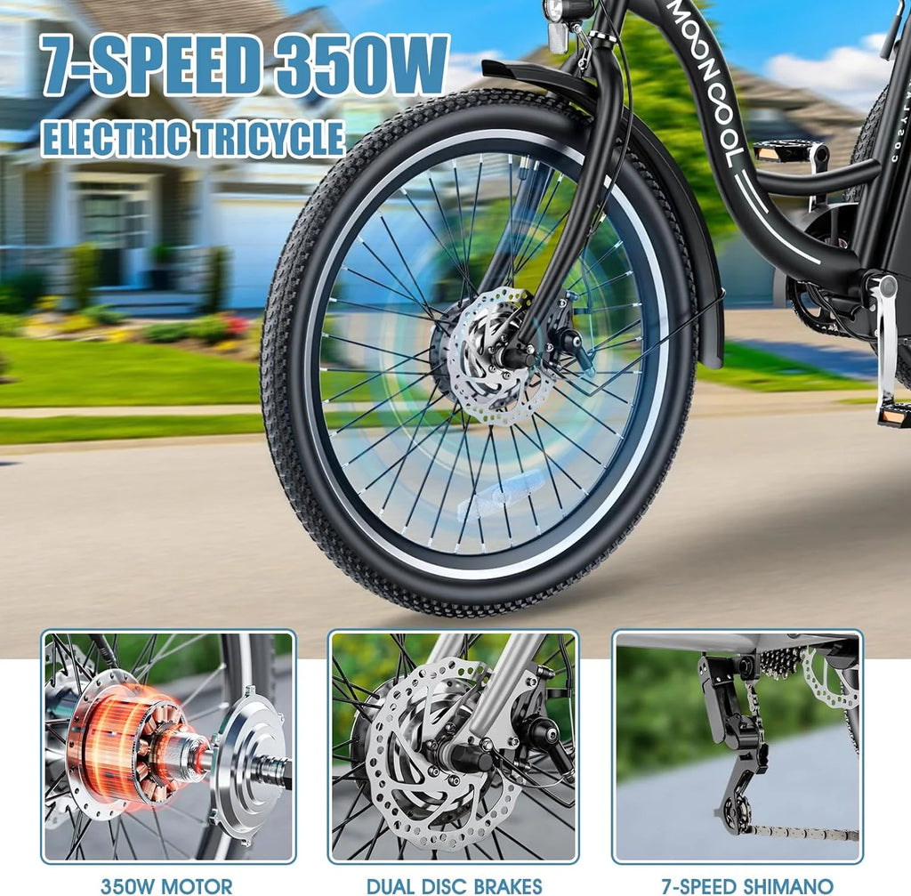 ABORON 24" 26" Electric Tricycles, 36V 10ah 350W Lithium Battery, 7 Speed E - Trike for Adults with Large Capacity Rear Basket & Adjustable Seat