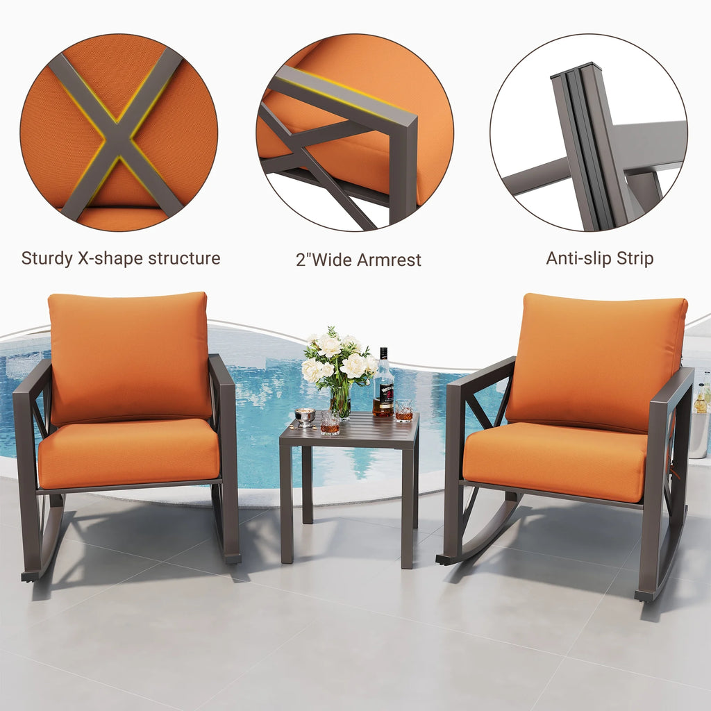 MRUAKA Rocking Chair Bistro Set, 3 Piece Outdoor Patio Furniture Set with 2 Rockers and 1 Metal Coffee Table with Thick Cushions for Porch, Backyard, Poolside, Beige