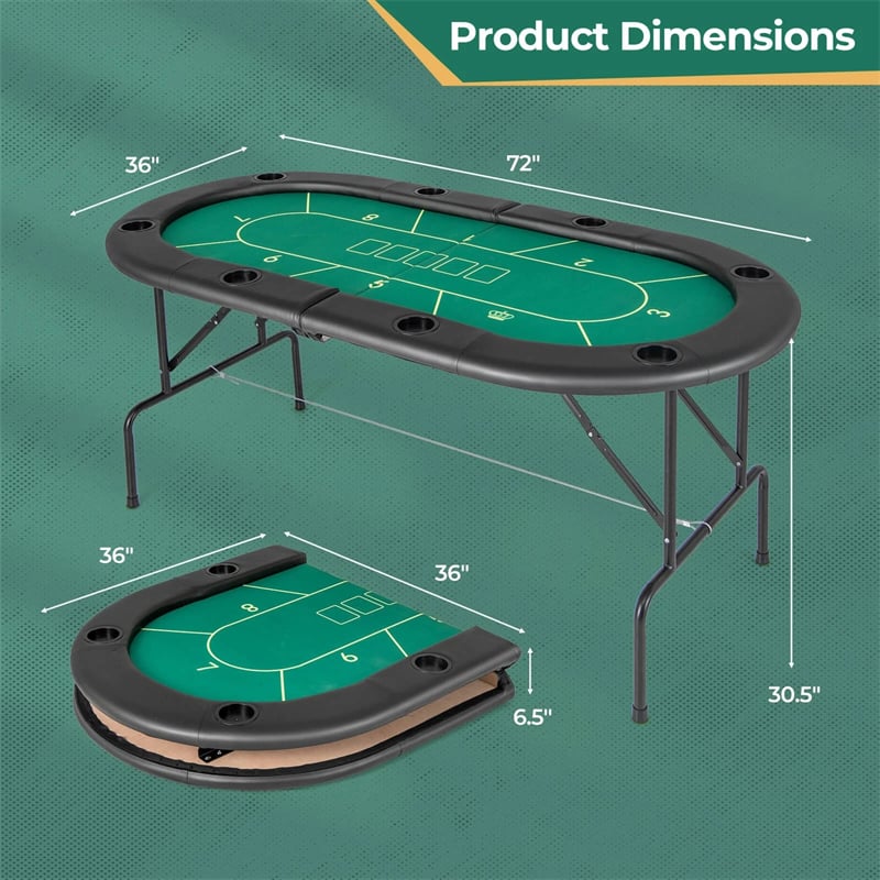 72" Foldable Poker Table for 8 Players with 8 Cup Holders & Casino-Grade Felt, Portable Oval Texas Holdem Card Table for Blackjack, No Assembly