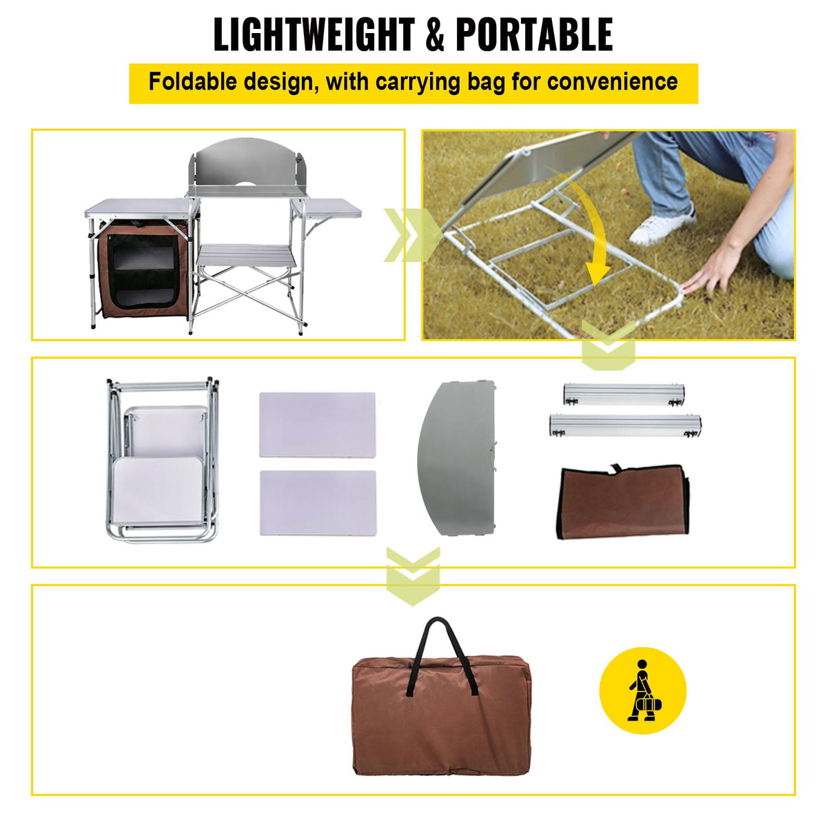 Camping Kitchen Station. Aluminum Portable Folding Camp Cook Table with Windshield. Storage Organizer and 4 Adjustable Feet. Quick Installation for Outdoor Picnic Beach Party Cooking. Brown