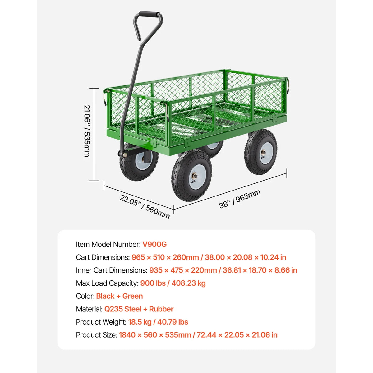 KFFKFF Mesh Steel Garden Cart 900 lb, 38 x 22 " Heavy Duty Utility Wagon Cart, Metal Garden Trolley with 10" Wheels, Removable Mesh Sides, 180swiveling Handle (Green)