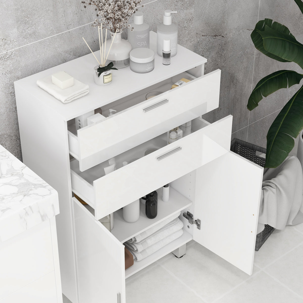 kleankin Badezimmerschrank mit 2 Schubladen, Doppeltürschrank und verstellbaren Regalen 60 x 30 x 93 cm weiß glänzend