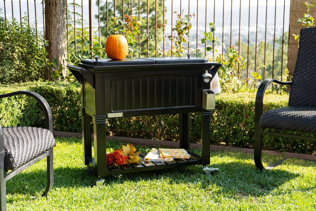 Permasteel 80 - Qt Antique Outdoor Steel Patio Cooler on Wheels, Rolling Cooler Cart, Wooden Teak Style, Black