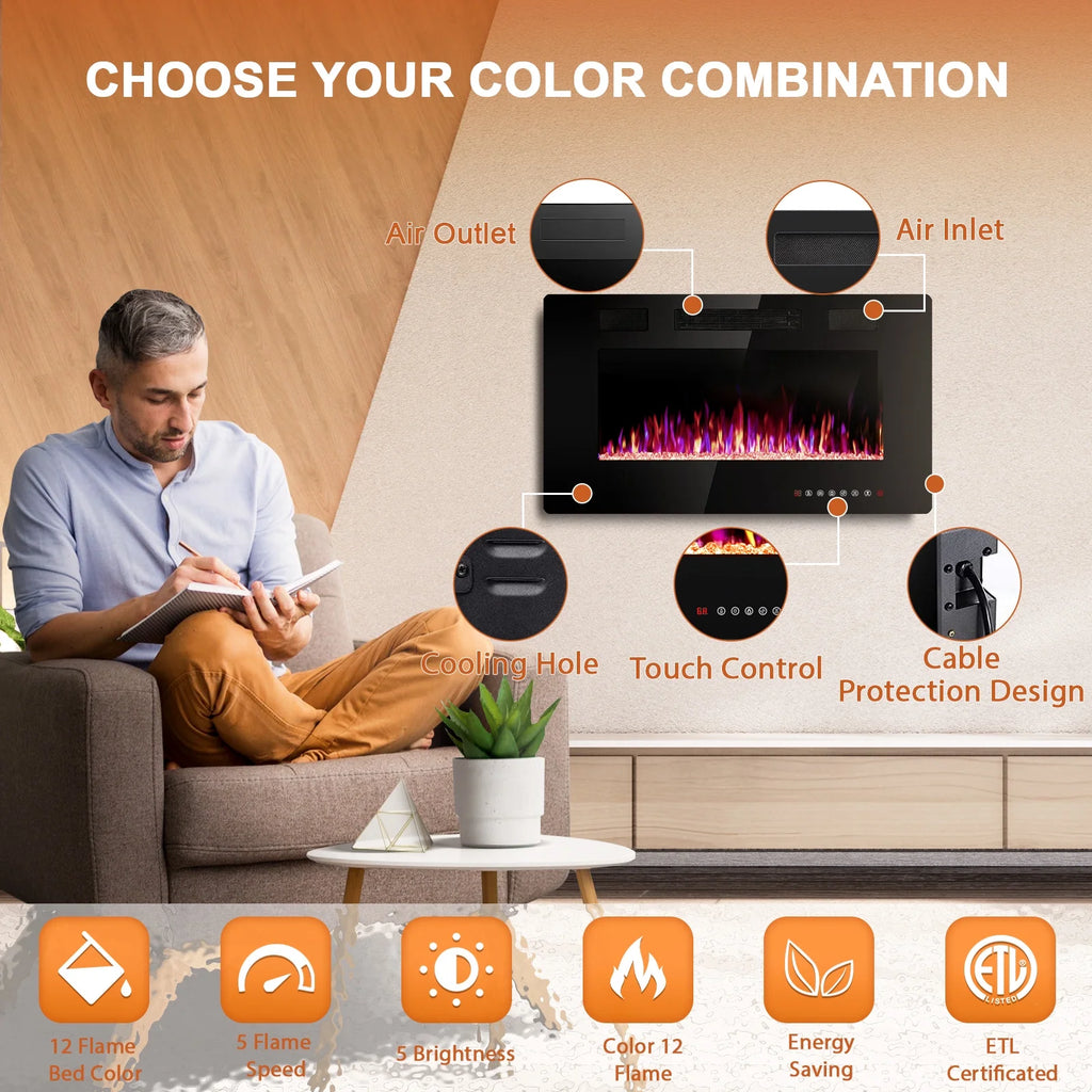 KISSAIR 60 Indoor Electric Fireplace Ultra Thin Fireplace, Wall Mounted Recessed Fireplace with Multiple Colors