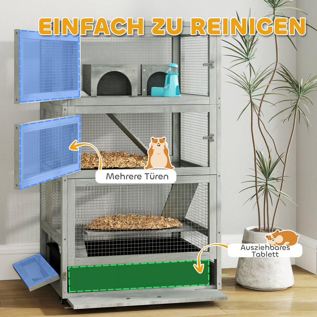 PawHut 4-stufiger Hamsterkäfig aus Holz, mit Hütten, Wippe, Futterschalen, Rampen, Rollen, 65 x 45 x 109 cm, Grau