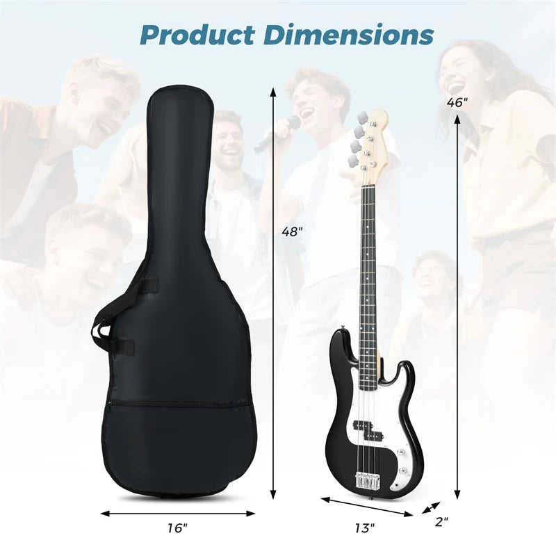 46" Right-handed Electric Bass Guitar, 4 Strings Full Size Bass Kit with Double Pickups, Open-gear Tuning, Gig Bag, Strap & Cable for Beginners