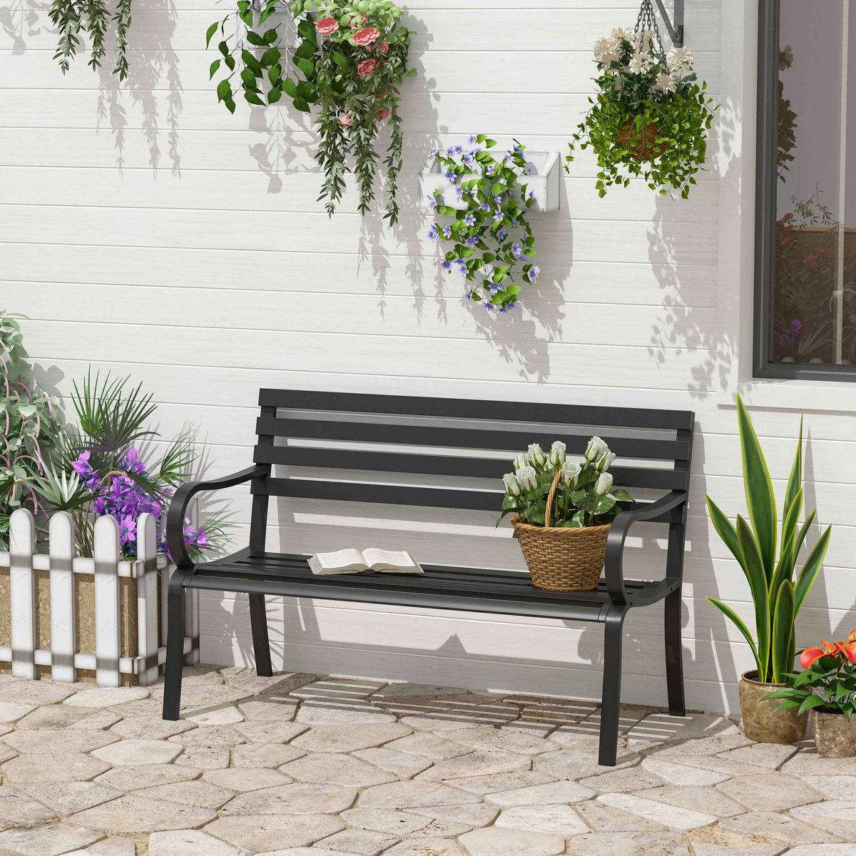 Outsunny 2-Sitzer Gartenbank Sitzbank 240kg belastbar Bank Gartenmöbel für den Innen- und Außenbereich geeignet 127 x 58 x 82 cm Schwarz