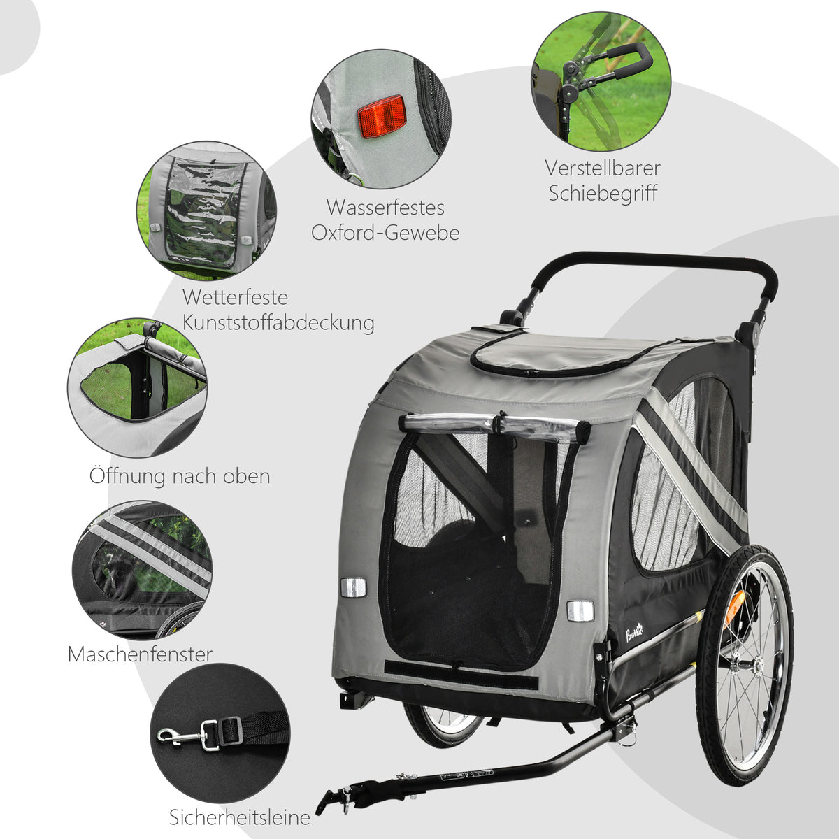 PawHut 2-in-1 Hundeanhänger Hundewagen Fahrradanhänger bis 20kg wasserfest Sicherheitsleine Reflektoren 140 cm x 72, 5 cm x 108 cm Grau