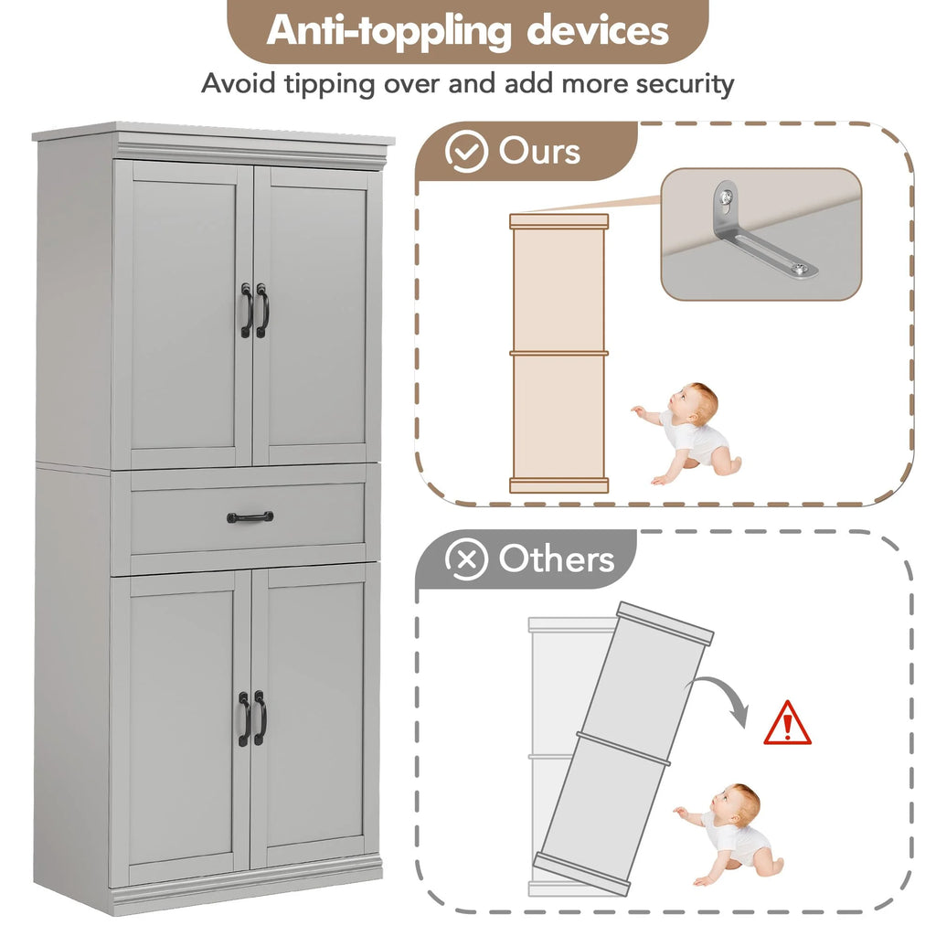Dsstyles Pantry Cabinet, Freestanding Kitchen Pantry Storage Cabinet, 70" Cupboard, Tall Storage Cabinet with Doors and Adjustable Shelves, for Bathroom, Dining Room, Living Room, Antique White/Gray