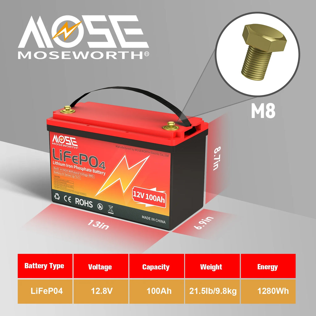 12V 100ah LiFePO4 Lithium Battery, MOSEWORTH RV, Solar, Trolling Motor, Camping, Marine, Off - Grid, Group 31 15000+Deep Cycles Battery, Low Temp Cut Off