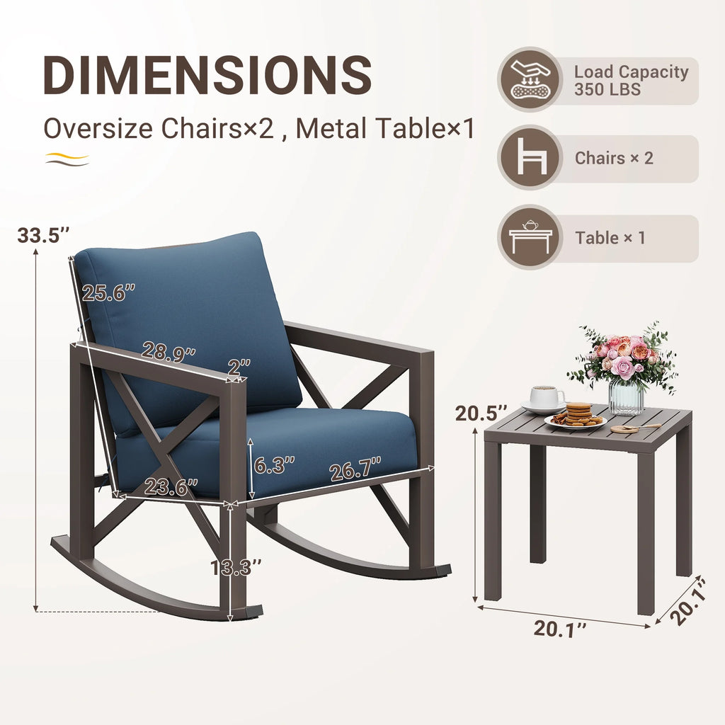 MRUAKA Rocking Chair Bistro Set, 3 Piece Outdoor Patio Furniture Set with 2 Rockers and 1 Metal Coffee Table with Thick Cushions for Porch, Backyard, Poolside, Beige