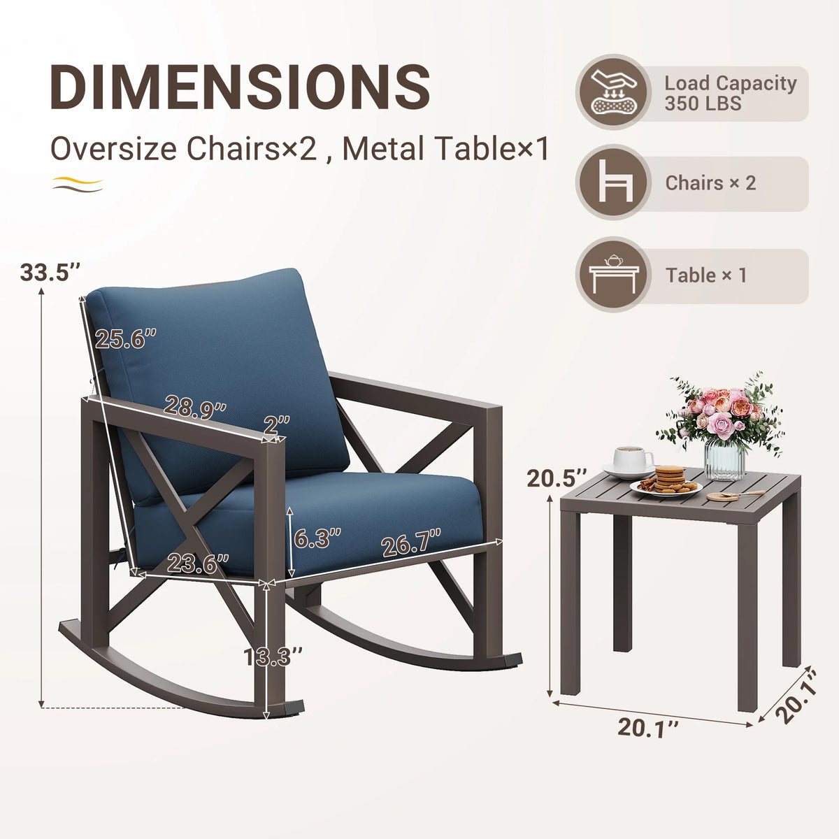 MRUAKA Rocking Chair Bistro Set, 3 Piece Outdoor Patio Furniture Set with 2 Rockers and 1 Metal Coffee Table with Thick Cushions for Porch, Backyard, Poolside, Beige