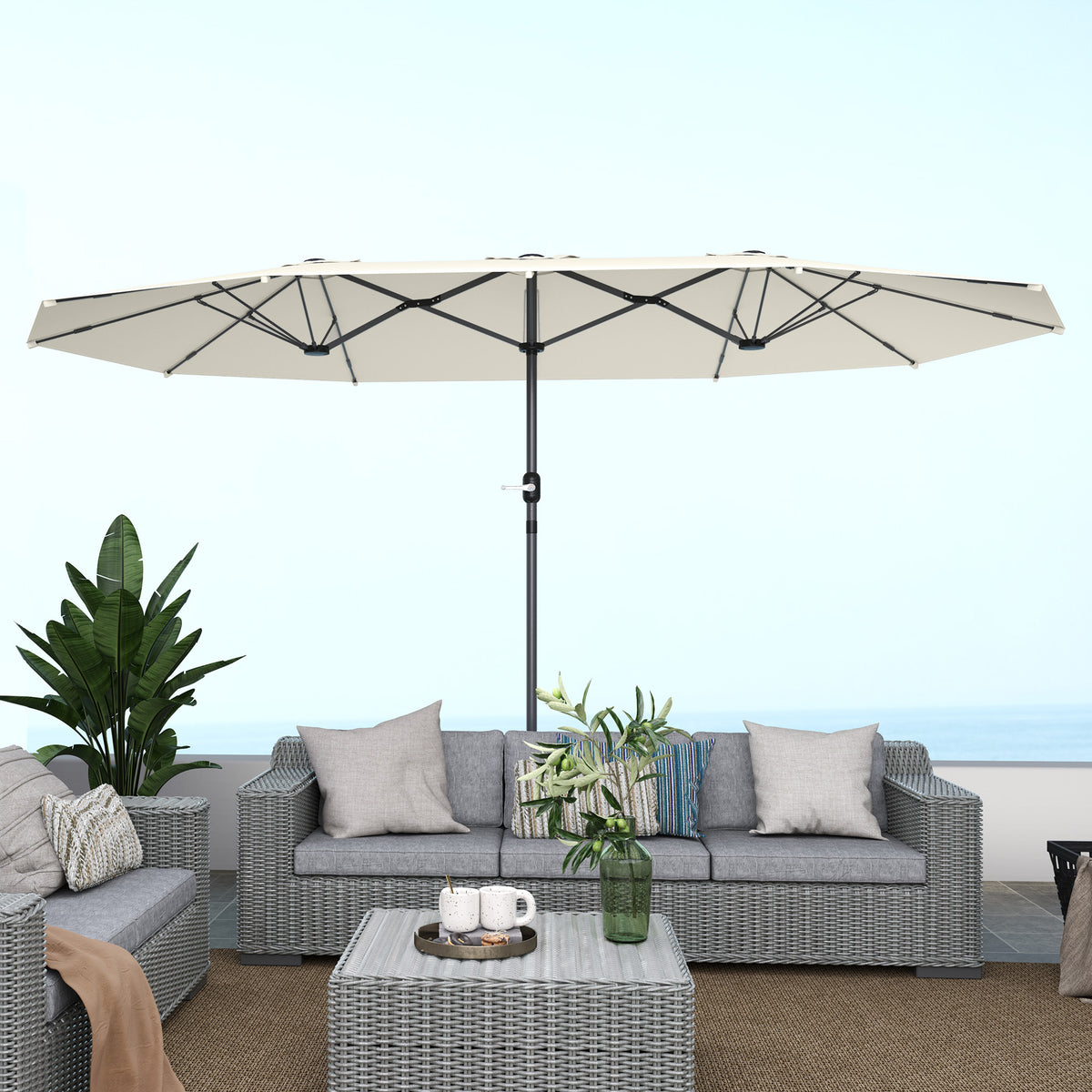 Outsunny Doppelsonnenschirm 436 x 260 cm, UV Schutz Stahl Sonnenschirm mit Handkurbel, oval Beige