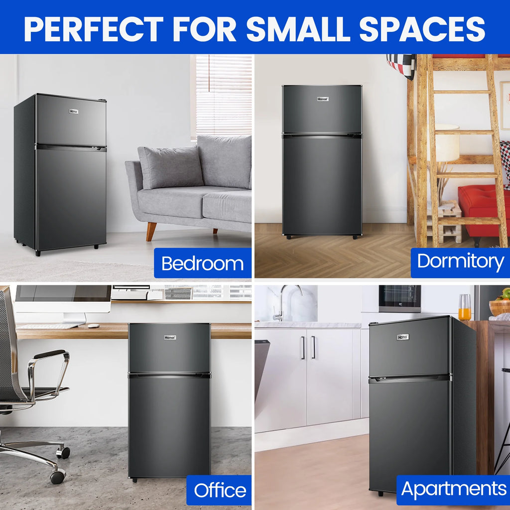 WANAI Two Door Mini Fridge with Freezer, 3.5 cu ft Small Freezer, Dark Grey