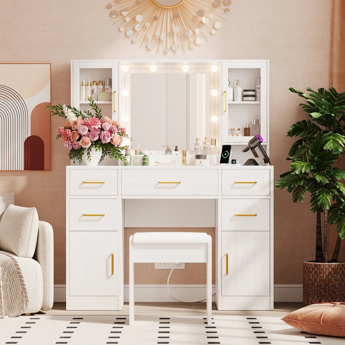 UGTOO 58.3" White Vanity Desk with Mirror, Adjustable Lighting, Power Outlet, Drawers, with Stool