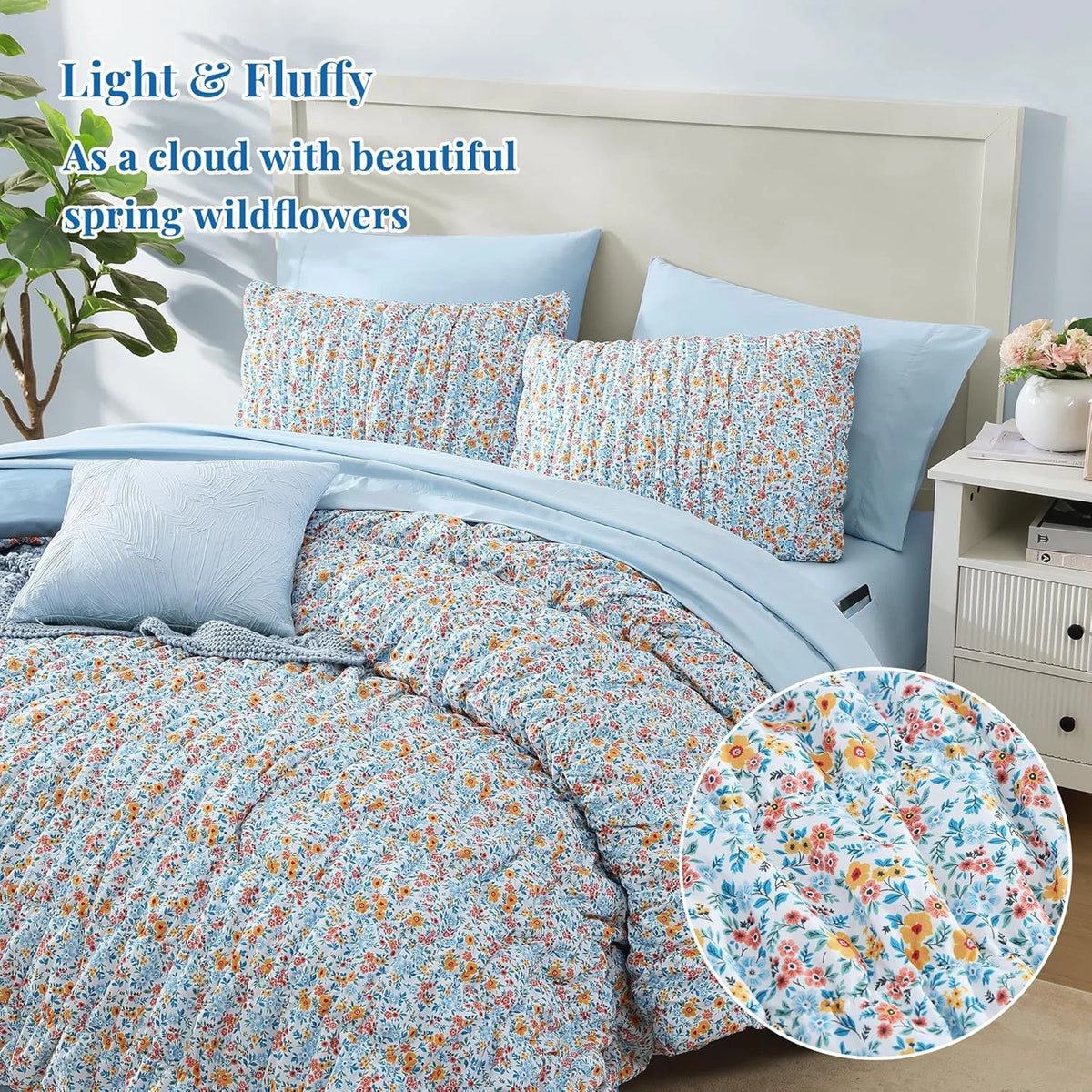 7 Pieces Blue Classic Puff Floral Bedding Sets for All Seasons, Shabby Chic Farmhouse Bed in a Bag Queen with Wildflowers Fluffy Comforter, Sheets, Pillowcases & Shams
