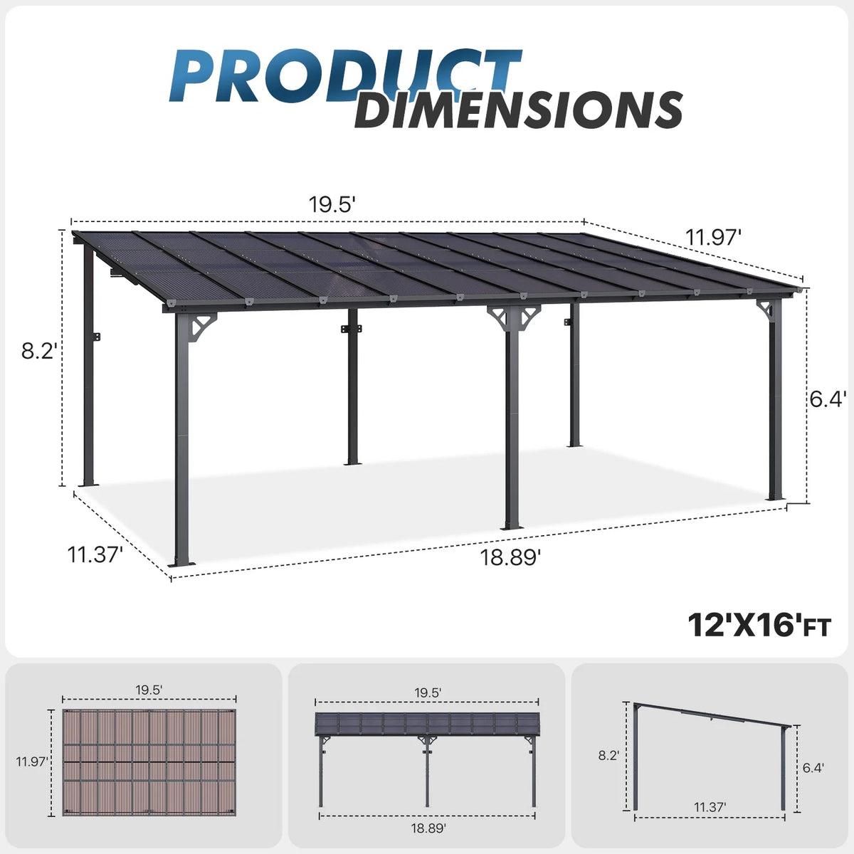 Sumnthink 10'X12' Gazebo for Patio, Gazebo Pergola with Sloped Roof, Large Wall - Mounted Heavy Duty Awnings, for Patio, Deck and Backyard