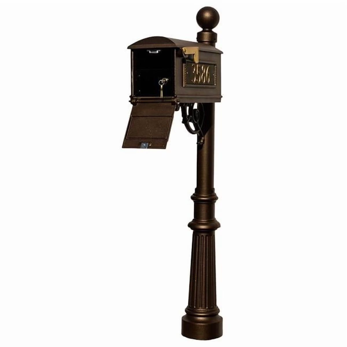 Lewiston LMC - LKIT - 804 - BZ Mailbox Locking Insert Post System with Fluted Base, Ball Finial & 3 Cast Plates - Bronze